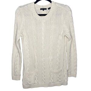 Jeanne Pierre Cable Knit Fisherman Sweater Ivory Front Pockets Preppy Size Small